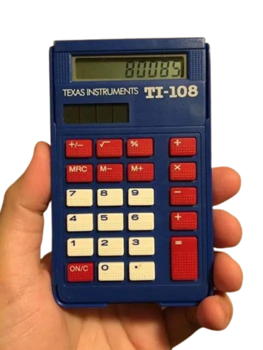 A hand holding the iconic blue, red, and yellow Texas Instruments TI-108 solar calculator, carefully displaying '80085' on the LCD screen during 90s math class.