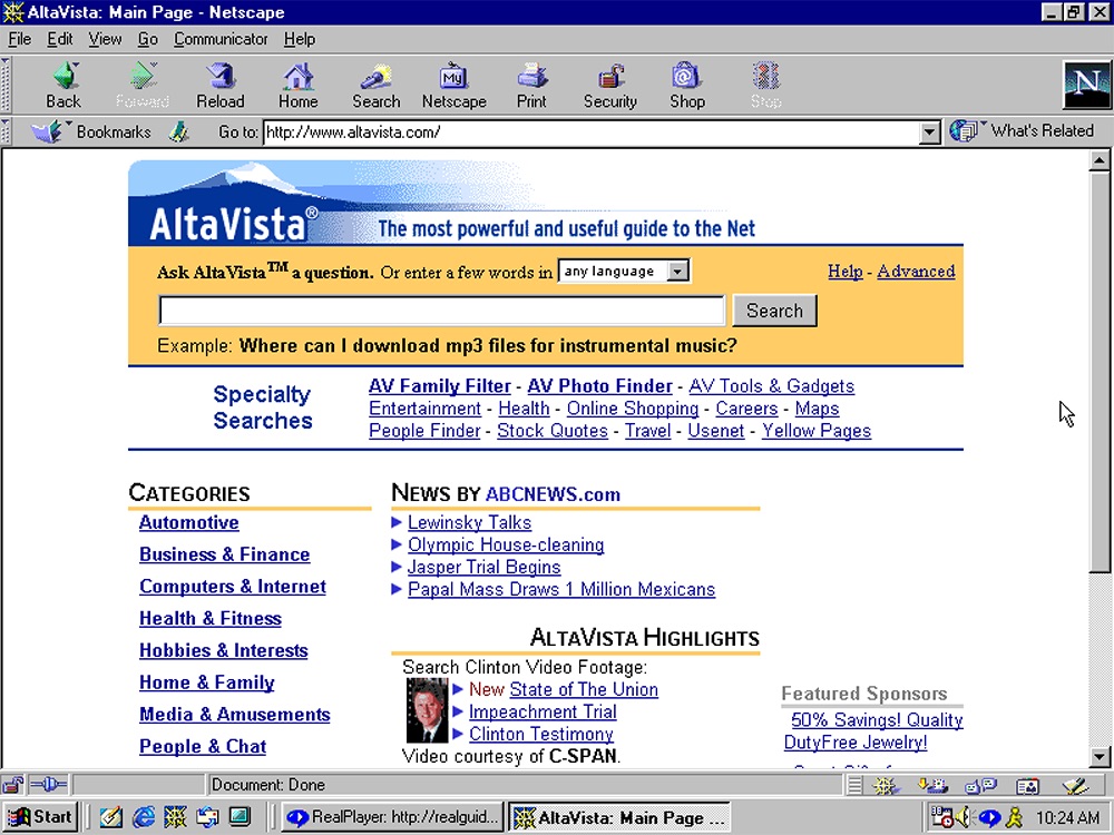 AltaVista's search portal rendered inside a Netscape Navigator browser window on Windows 98, complete with breaking news links about the Clinton impeachment trial.