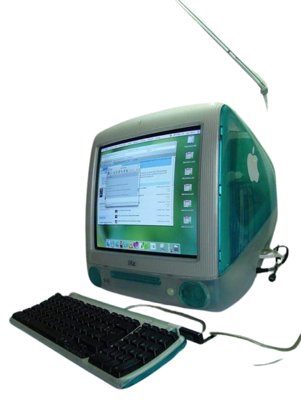 An original 1998 Apple iMac G3 all-in-one desktop computer in iconic translucent Bondi Blue, paired with its matching translucent keyboard.