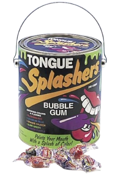 Tongue Splashers Bubble Gum Paint Can Vintage Tongue Splashers Bubble Gum tin container styled like a miniature paint bucket, filled with mouth-staining gumballs in flavors like Bleeding Red and Slime Green.