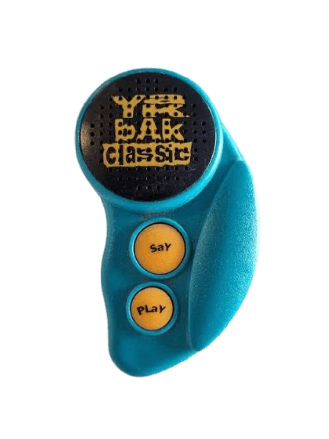 Pic of the iconic 1994 Yes Gear Yak Bak handheld voice recorder wiggling playfully, ready to pitch-bend your voice, loop annoying phrases, and drive 90s schoolteachers completely insane.