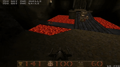 An animated GIF of high-octane Quake gameplay showing the player strafe-jumping over glowing red lava pits in a gothic arena while blasting a Fiend with the Super Nailgun.