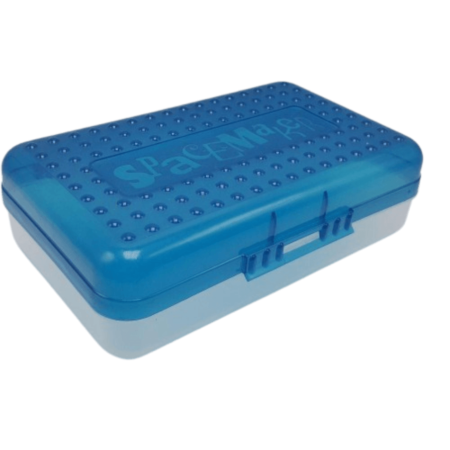 A translucent blue Spacemaker plastic pencil box with its signature snap-lock latches, the undisputed plastic vault for housing your gel pens, scented erasers, and secret notes.
