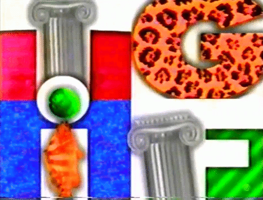 An animated GIF of a wacky ABC TGIF ID bumper showcasing a leopard-print 'G', Greco-Roman columns, and color-blocked 90s Memphis-style graphic design.