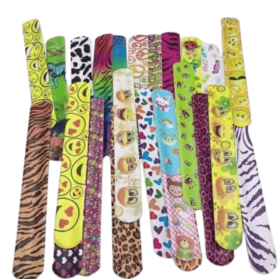 A display of vibrant 1990s slap bracelets featuring zebra prints, smiley faces, animal patterns, and neon geometric graphics.