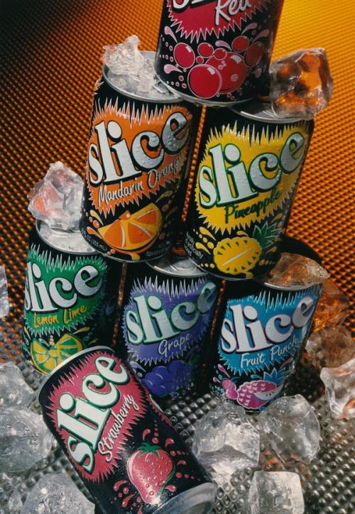 Slice Soda Flavor Cans Stack Towering arrangement of 1990s Slice fruit soda cans packed in ice, featuring retro graphics for Mandarin Orange, Lemon Lime, Strawberry, Pineapple, and Fruit Punch.