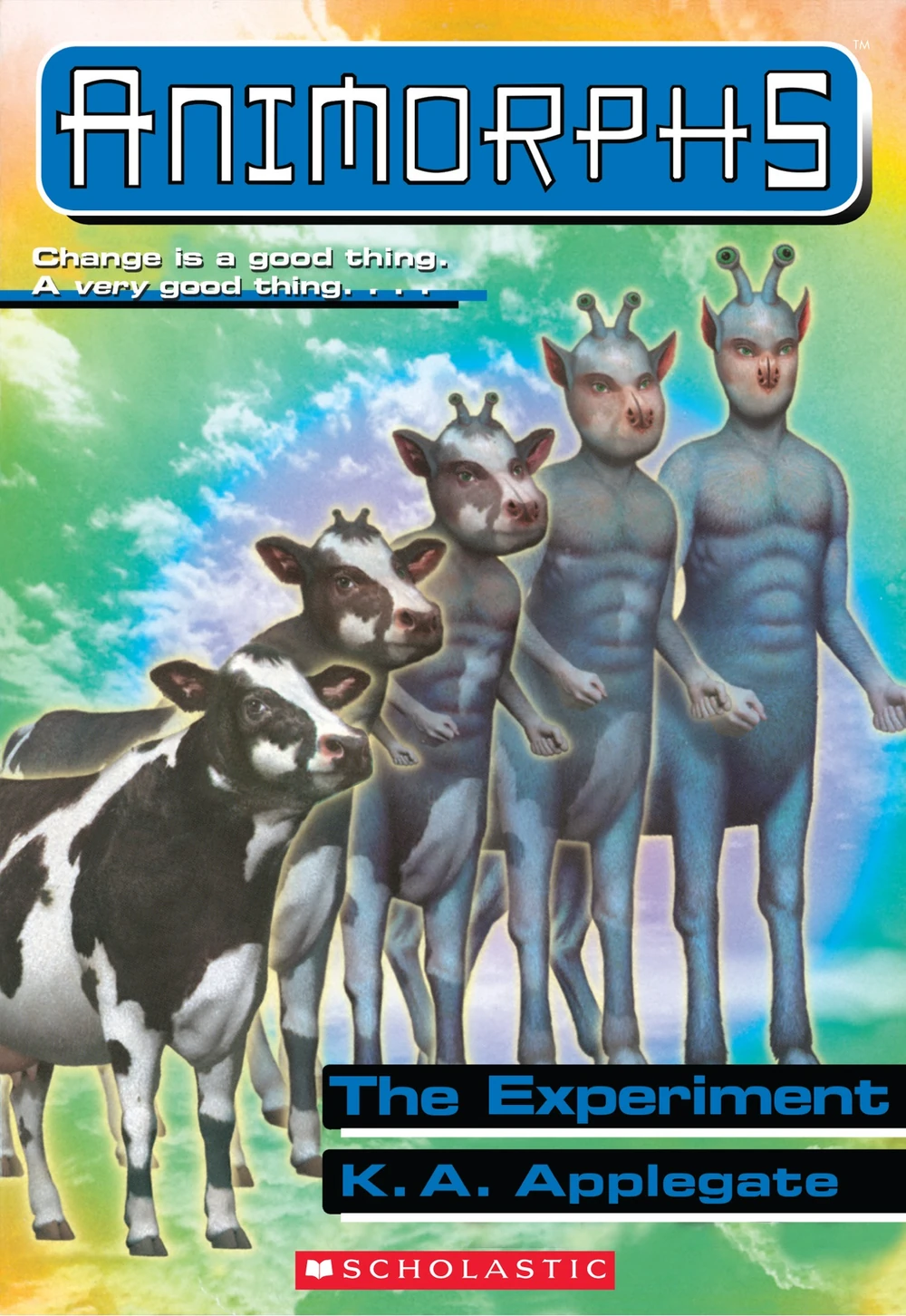 The wild cover of K.A. Applegate's Animorphs #28 showing a teenage boy progressively morphing into a Holstein cow—the quintessential Scholastic Book Fair visual fever dream.