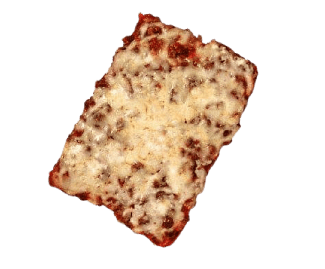 A classic piece of square-cut cafeteria sheet-pan pizza with melted mozzarella cheese and scorched sauce corners—the holy grail of 90s school lunch Fridays.