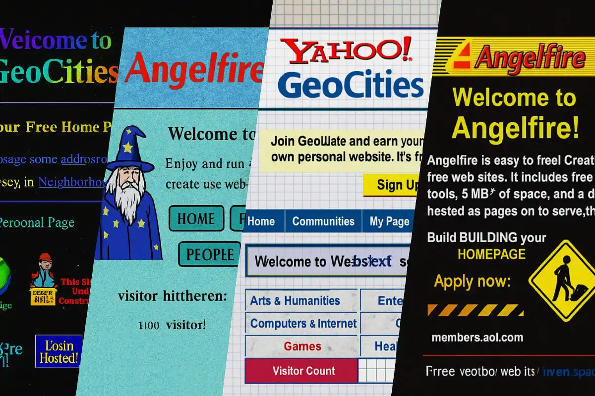 collage celebrating early personal web publishing, featuring the GeoCities wizard mascot, visitor hit counters, and Angelfire "Under Construction" barricade signs.