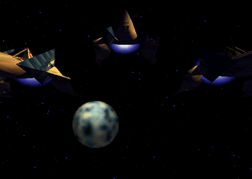 An animated GIF from Star Fox 64 showing the Star Fox team's low-poly Arwings swooping together through deep space past a cratered moon in cinematic formation.