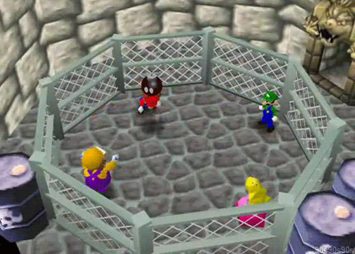 original Nintendo 64 Mario Party, showing Mario, Luigi, Wario, and Peach nervously tossing a ticking Bob-omb back and forth inside a fenced stone arena in 'Hot Bob-omb.'