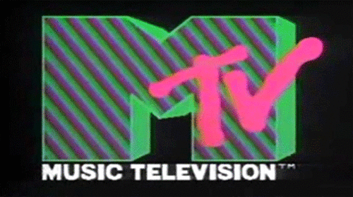An animated GIF of the classic MTV Music Television logo pulsing with neon green diagonal stripes and a bright pink M-and-TV graphic against a black screen.