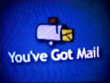 An animated GIF displaying the nostalgic America Online blue screen with a raised mailbox graphic, triggering Elwood Edwards' iconic "You've got mail!" voice snippet.