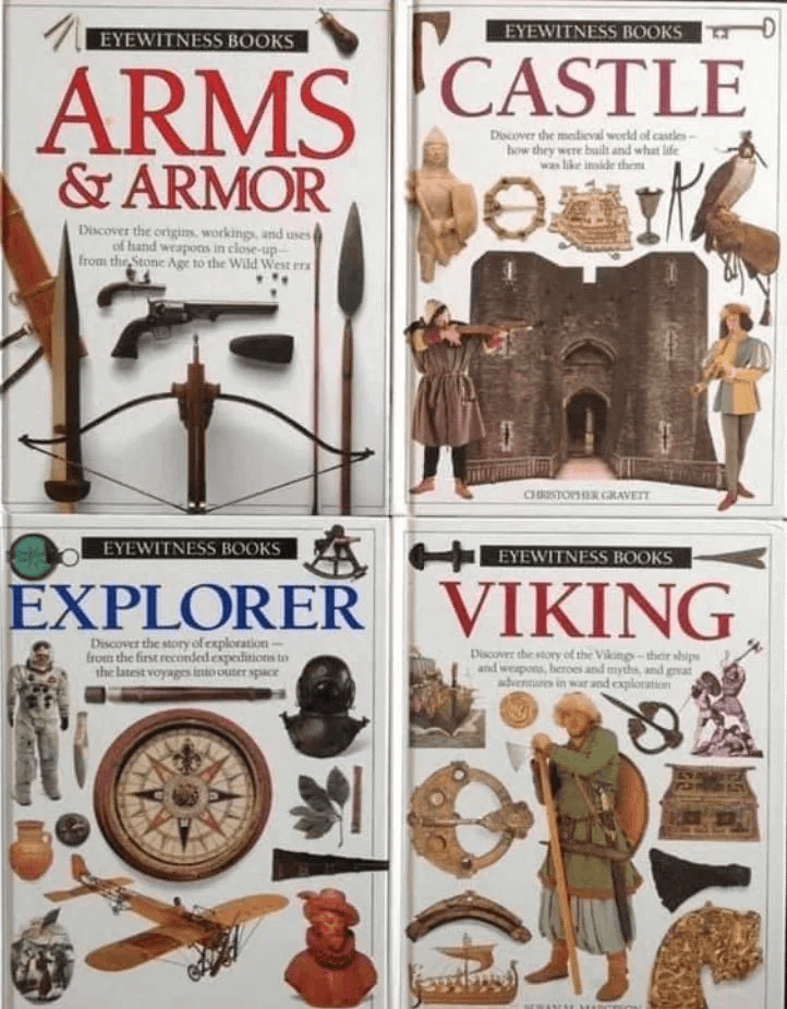 A 2x2 grid of iconic 1990s DK Eyewitness hardcover books featuring clean white covers and detailed cut-away artifact photography, including titles for 'Arms & Armor', 'Castle', 'Explorer', and 'Viking'.