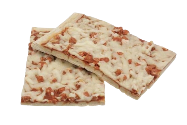 square-cut cafeteria sheet-pan pizza with melted mozzarella cheese and scorched sauce corners—the holy grail of 90s school lunch Fridays.