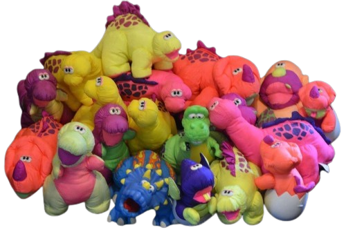 Chevron Dinosaur Plush Toy Collection Colorful hoard of 1990s Chevron gas station promotional plush dinosaurs in vibrant neon yellow, hot pink, lime green, and electric blue fabrics.