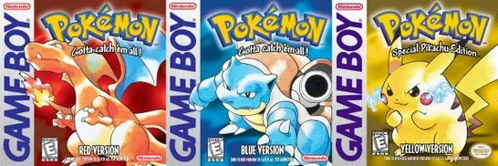 An animated GIF cycling through the iconic original Game Boy box art covers for Pokémon Red (Charizard), Pokémon Blue (Blastoise), and Pokémon Yellow (Pikachu).