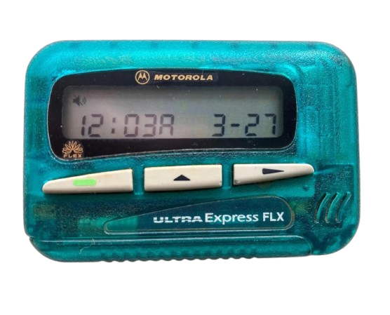 1990s Motorola Ultra Express FLX pager housed in a translucent teal plastic casing, displaying a digital clock face and function buttons over a black background.