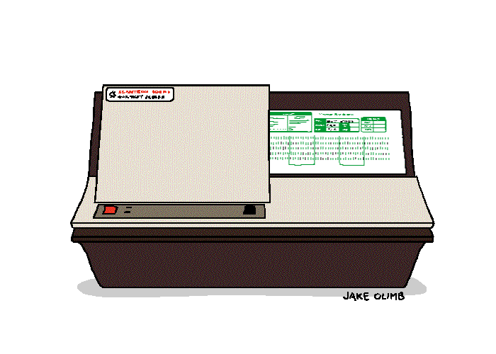 vintage desktop Scantron machine automatically feeding and red-ink scoring a test sheet at light speed.