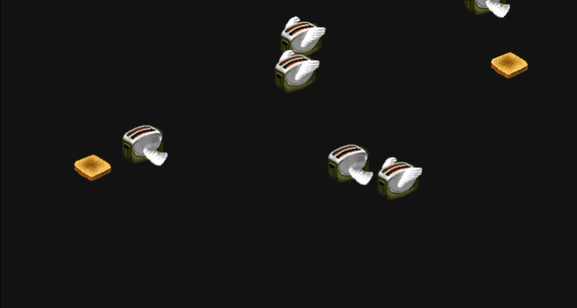 After Dark's legendary 90s desktop screensaver featuring chrome winged toasters and slices of golden-brown toast floating diagonally across a pitch-black CRT display.