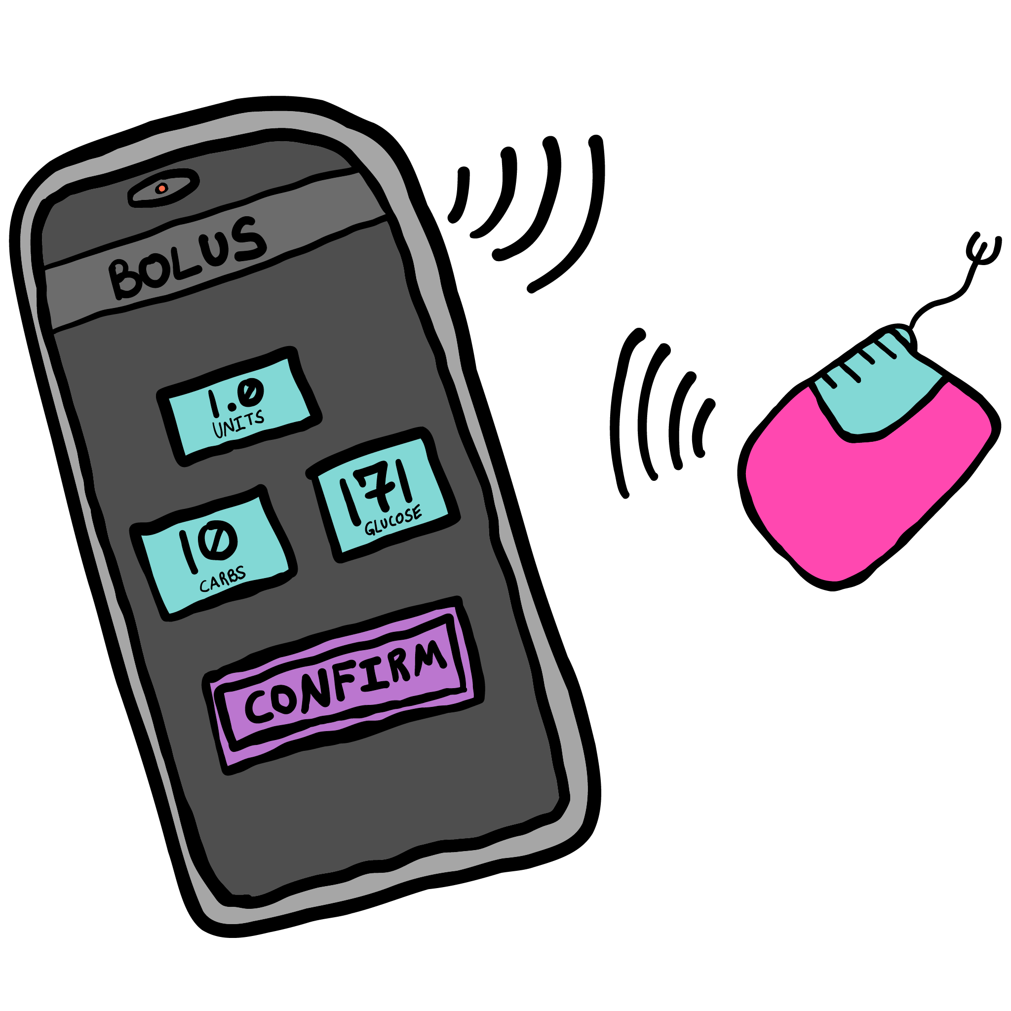 Mobile phone showing screen to deliver bolus of insulin communicating with a small insulin pump