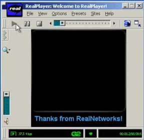 retro RealPlayer G2 interface clicking play to reveal a black video window with the text "Thanks from RealNetworks!"