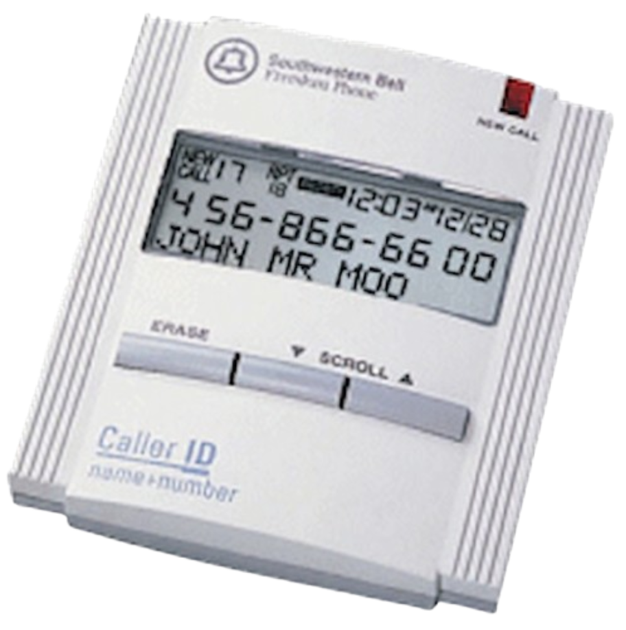 A standalone Southwestern Bell landline Caller ID box featuring a monochrome LCD screen displaying incoming phone numbers alongside physical Erase and Scroll buttons.