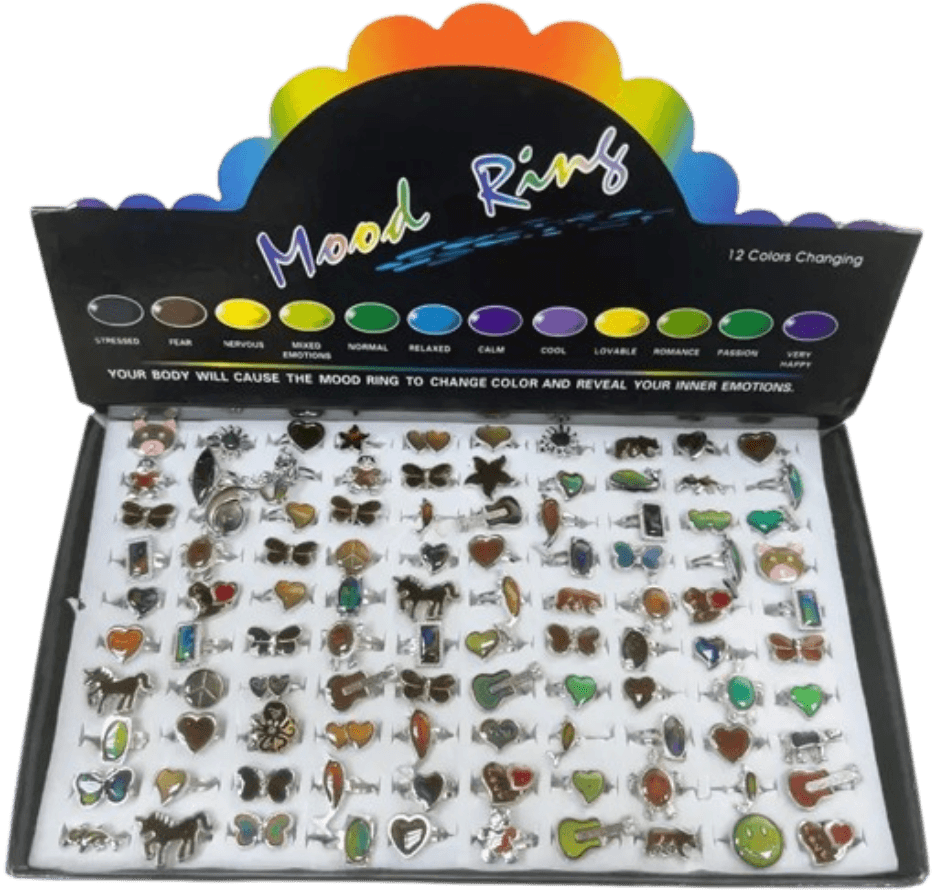 retail display case filled with rows of color-changing mood rings under a rainbow 'Mood Ring' header card.