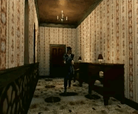 An animated GIF from original Resident Evil showing Jill Valentine patrolling down a spooky Mansion hallway in classic fixed-camera tank-controls perspective.