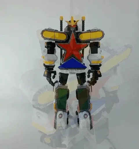 A static photo of a combined Power Rangers Zeo Megazord action figure standing upright in a showroom display.