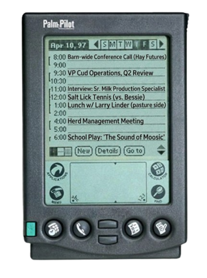A PalmPilot Professional PDA displaying a monochrome stylus-driven schedule on April 10, 1997, packed with funny agricultural meetings like "Salt Lick Tennis" and "VP Cud Operations."
