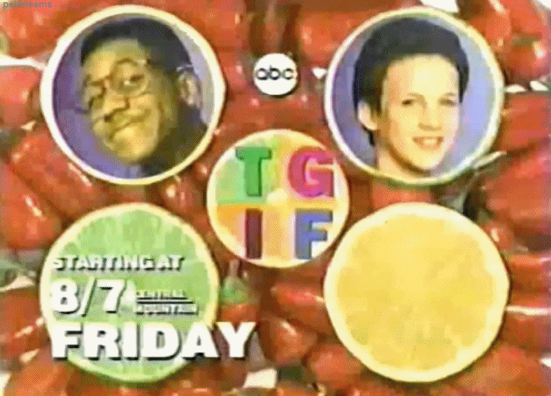 ABC TGIF summer bumper featuring headshots of Jaleel White as Steve Urkel and Ben Savage as Cory Matthews framed by citrus slices over a red pepper background.