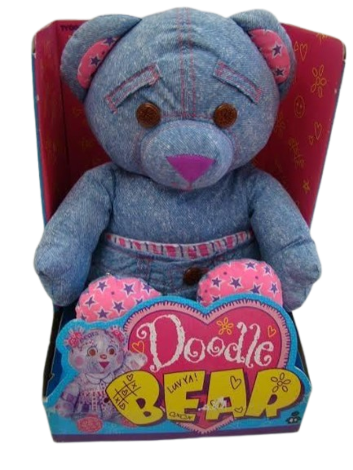 Ty Doodle Bear in Original Packaging Blue denim Ty Doodle Bear plush sitting inside its neon pink retail box, waiting to be covered in washable marker signatures that parent washers would inevitably fail to fully erase.