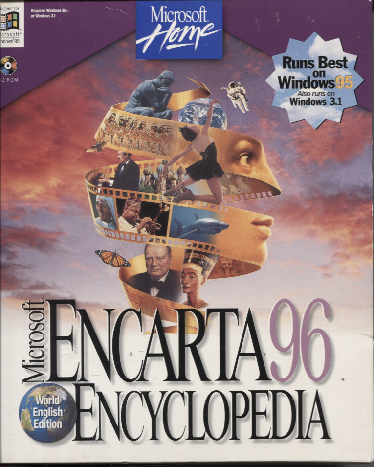 retail box art for Microsoft Encarta 96 Encyclopedia for Windows 95, featuring a film strip spiral of historical figures, animals, and space travel.