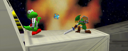 original Super Smash Bros. on Nintendo 64, showing Yoshi and Link battling atop the Great Fox space vessel stage while Fox McCloud's Arwing flies past in Sector Z.