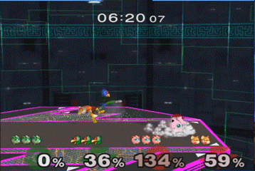 An animated GIF of a competitive Super Smash Bros. Melee match on Final Destination, showing Fox, Falco, and Jigglypuff executing rapid dash dances and aerial attacks.