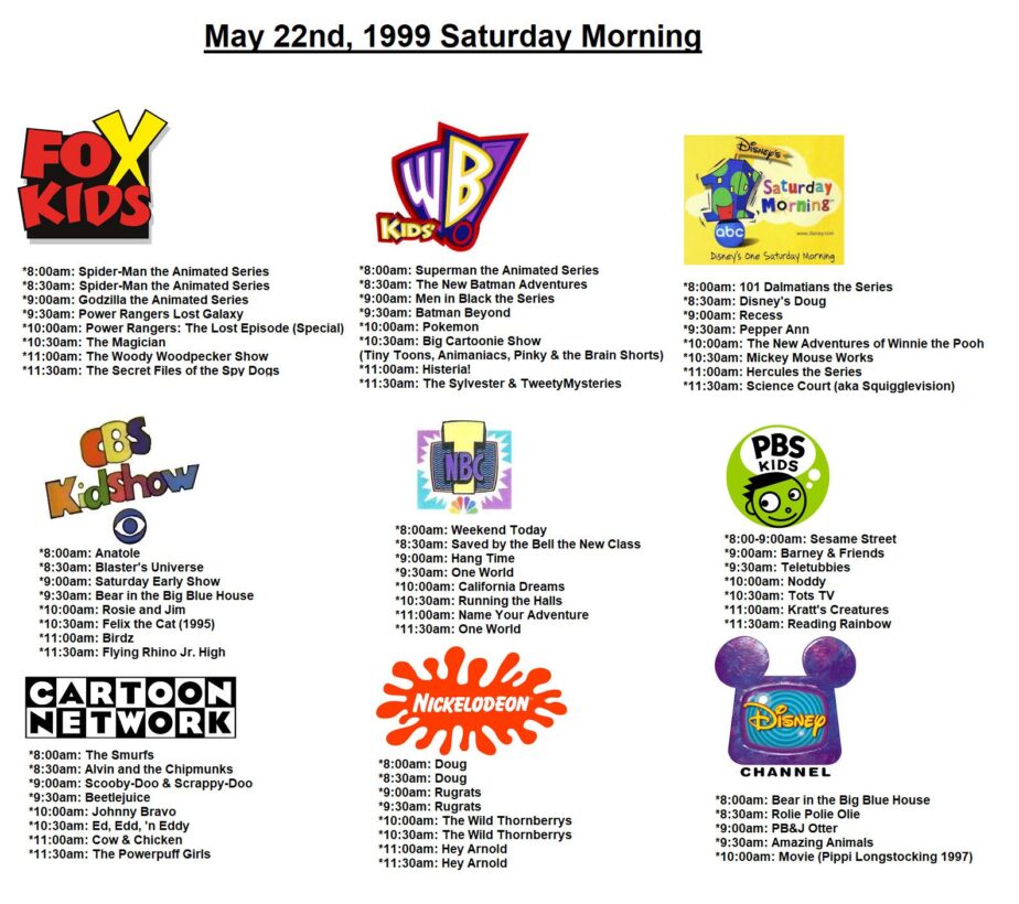 May 22, 1999 Saturday morning cartoon schedule listing morning lineups across Fox Kids, Kids' WB, One Saturday Morning, Cartoon Network, and Nickelodeon.