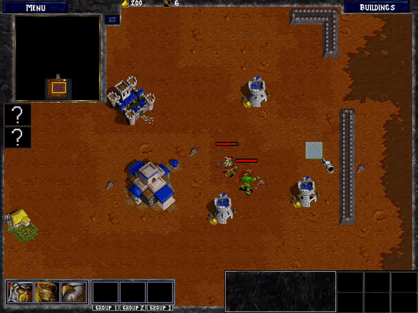 An animated GIF of Warcraft II: Tides of Darkness showing Human and Orc units battling around blue-roofed keeps and defense towers on a classic isometric dirt map.