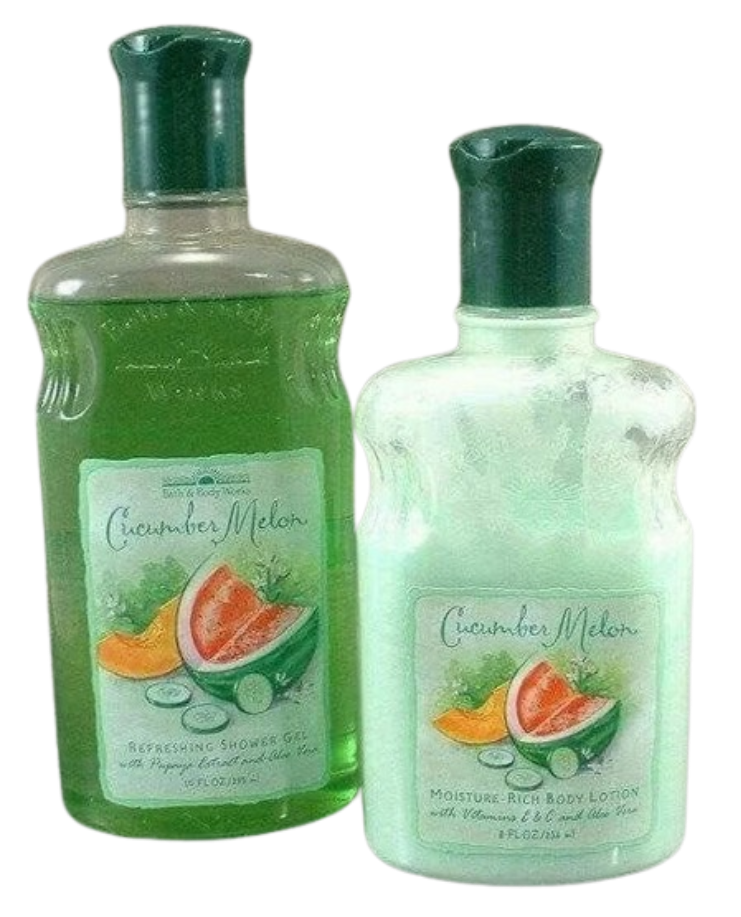 Original 90s Bath & Body Works Cucumber Melon shower gel and body lotion bottles, featuring the iconic rustic watercolor fruit label artwork that defined middle school locker rooms.