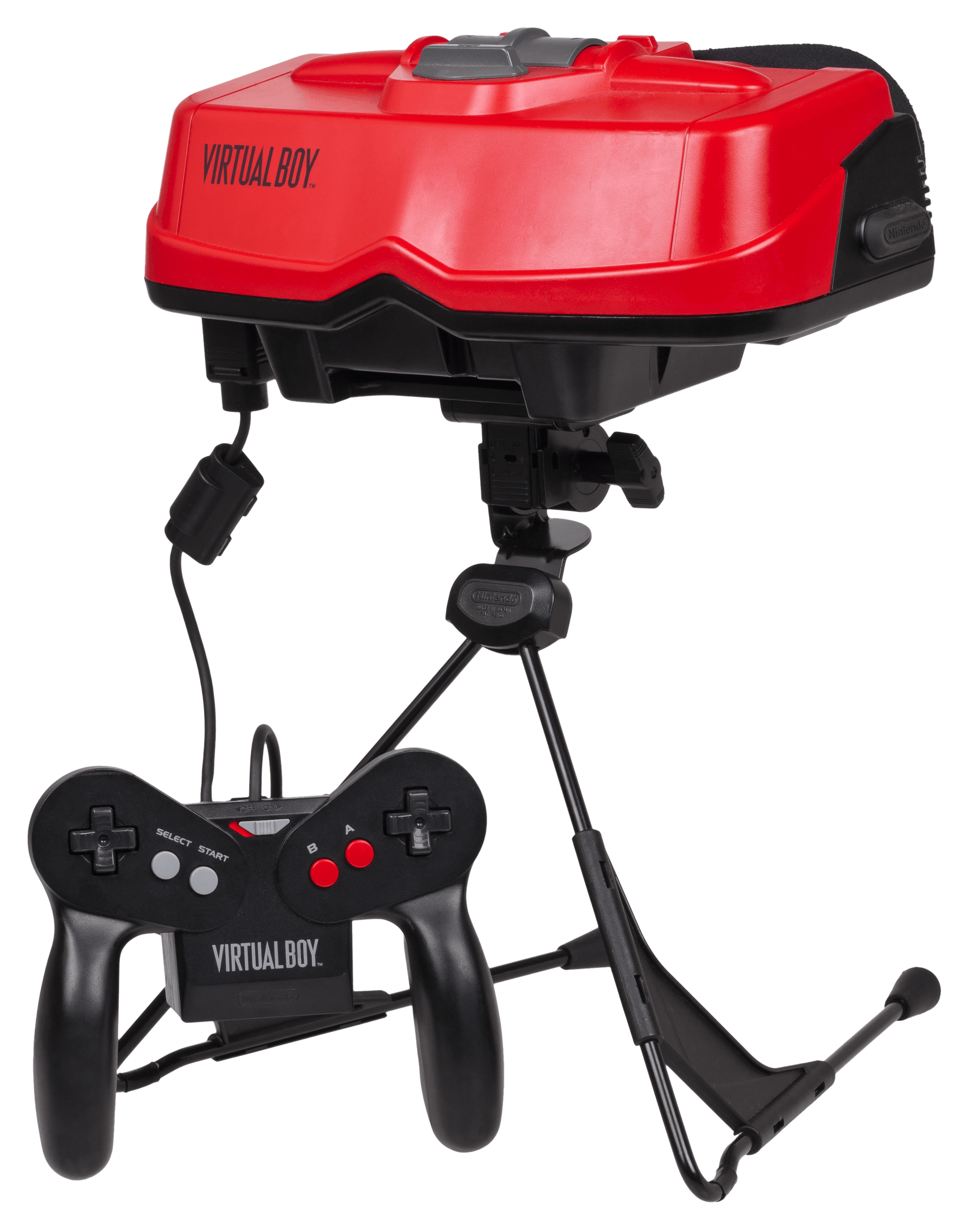 picture showcasing the red-and-black Nintendo Virtual Boy table-top headset mounted on its bipod stand alongside its dual-D-pad controller—the ultimate headache-inducing 3D gaming gamble.