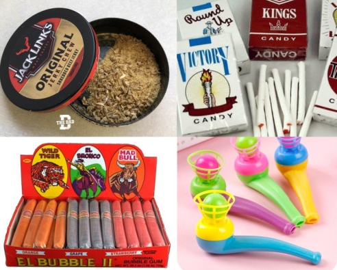 Retro Novelty Junk Food Candy Collection Collage of controversial vintage candy tropes, including Jack Link's Jerky Chew tins, Victory Candy Cigarettes, El Bubble Bubble Gum Cigars, and plastic Floating Ball Blow Pipes.