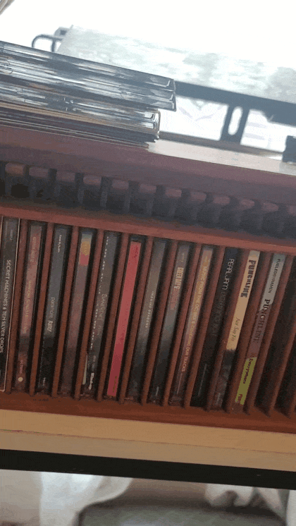 An animated GIF panning across a wooden CD rack packed with 90s and 2000s album jewel cases, including Pearl Jam, Green Day, and Paramore.
