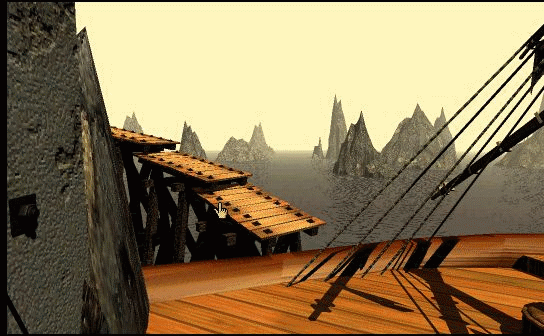 An animated GIF from the seminal 1993 CD-ROM adventure Myst, showing the classic hand cursor clicking across pre-rendered 3D scenery on the wooden dock of Myst Island.