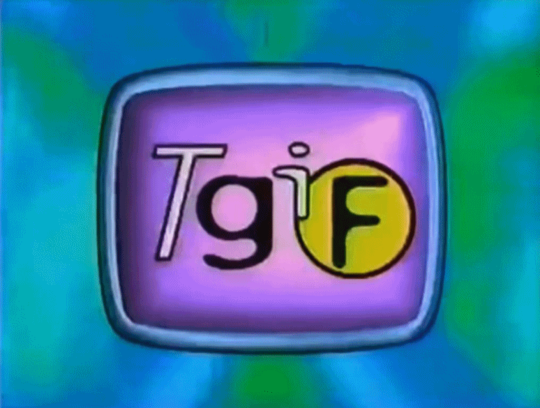 TGIF logo floating inside a rounded purple CRT television screen frame against a swirling blue-green background.