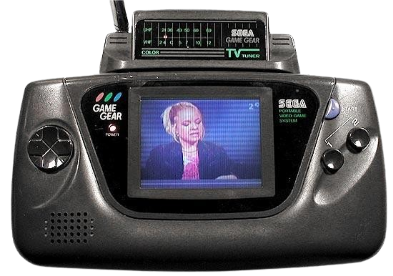 picture of a black Sega Game Gear handheld playing live broadcast television thanks to its oversized TV Tuner cartridge accessory plugged into the top slot.