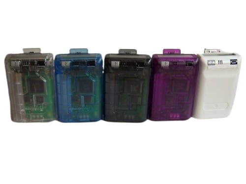 90s rechargeable Game Boy Pocket battery pack accessories displaying clear, translucent blue, smoked grey, clear purple, and solid white options.