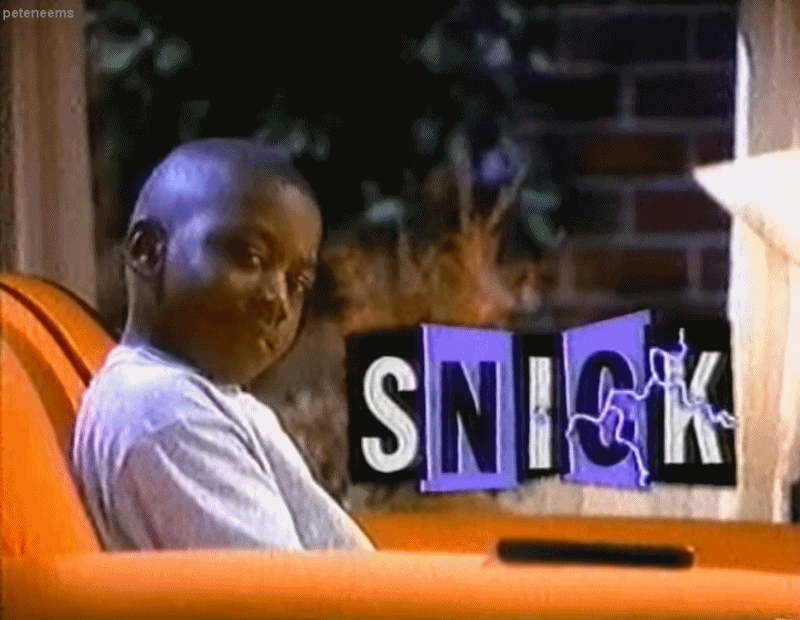Nickelodeon SNICK bumper showing a cool 90s kid relaxing on the Big Orange Couch next to a glowing neon SNICK logo.