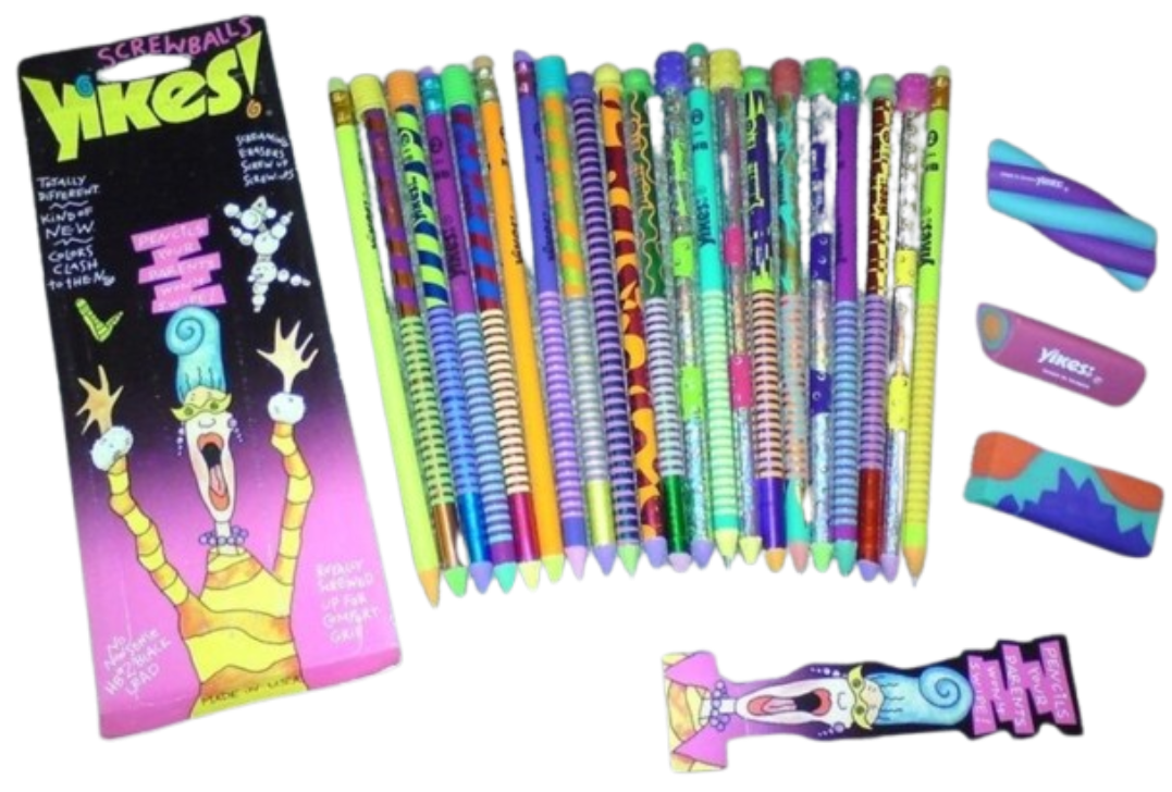 A nostalgic lineup of Sanford Yikes! No. 2 pencils with mismatched neon patterns, geometric erasers, and packaging warning that 'colors clash to the max.'