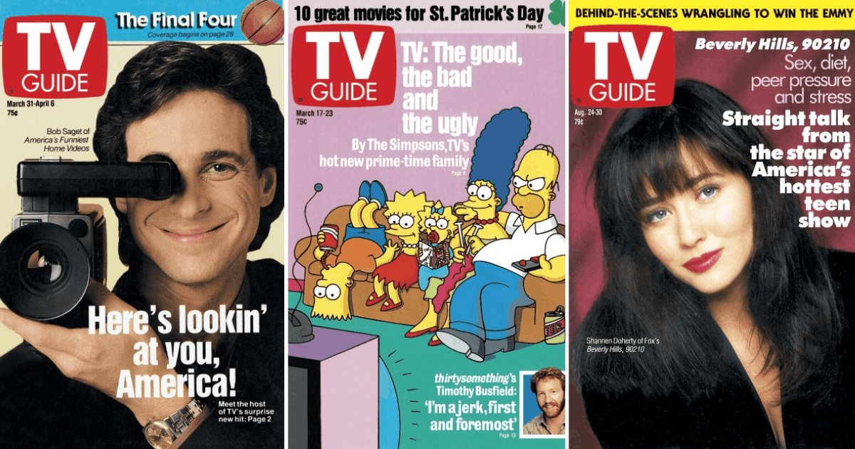 A side-by-side trio of classic 1990s TV Guide covers featuring Bob Saget peering through a camcorder lens for America's Funniest Home Videos, The Simpsons lounging on their couch, and Shannen Doherty posing for Beverly Hills, 90210.