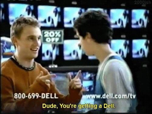 Ben Curtis Dell Dude TV Commercial Ben Curtis as the iconic "Dell Dude" delivering his famous catchphrase "Dude, you're getting a Dell" in a retro 2000s television advertisement spot.